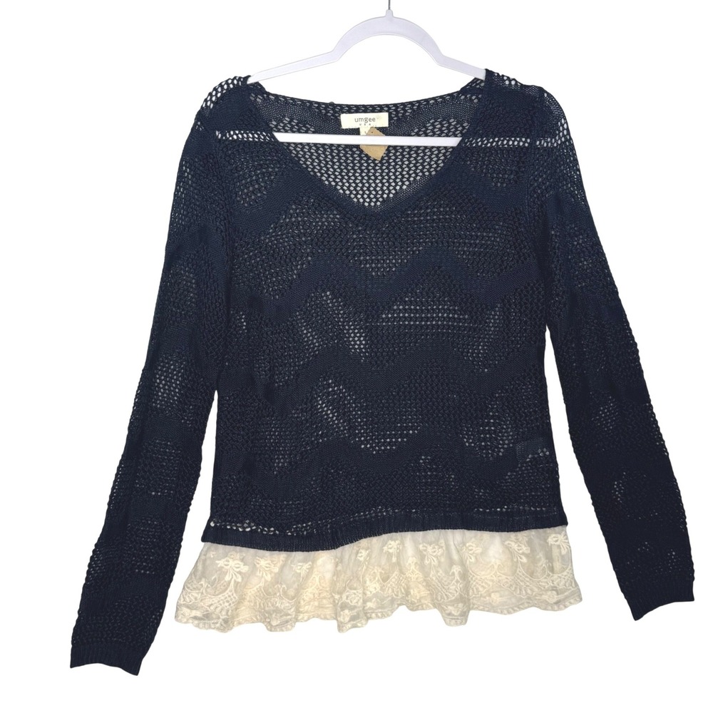 UMGEE USA Navy Blue Crochet Lace‎ Trim Sweater Top L